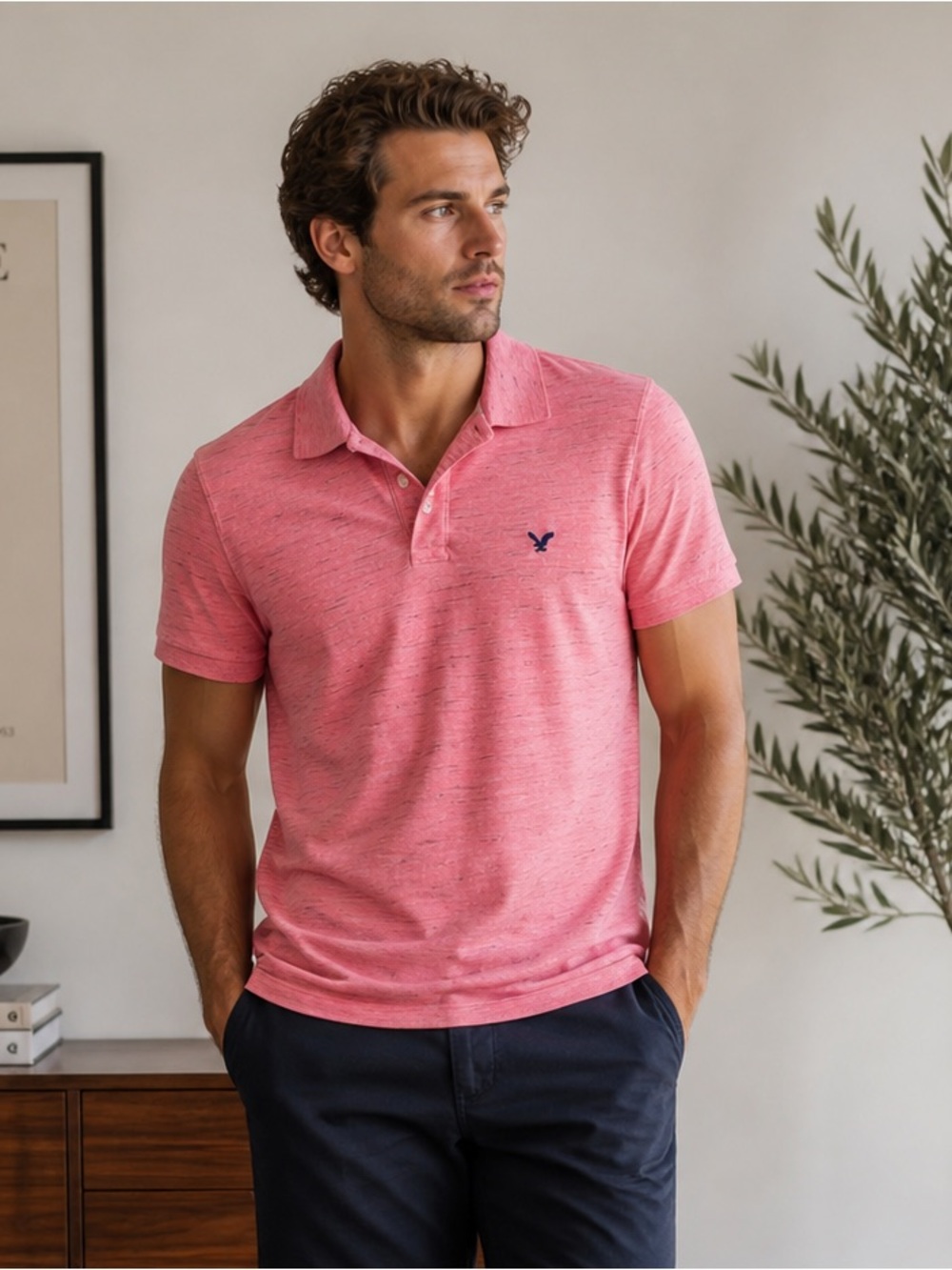 American Eagle Outfitters Men’s Coral Heather Polo with Navy Logo
